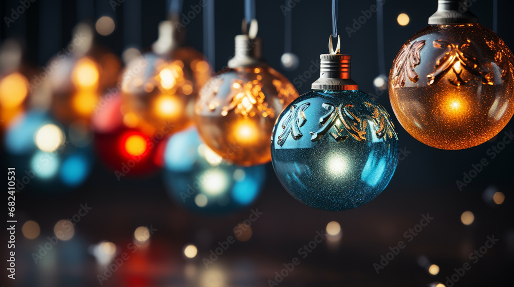 Fototapeta premium Christmas Flat Lay Background. Baubles and decor on Dark Black Background. Minimalistic design. Copy Space. Horizontal.