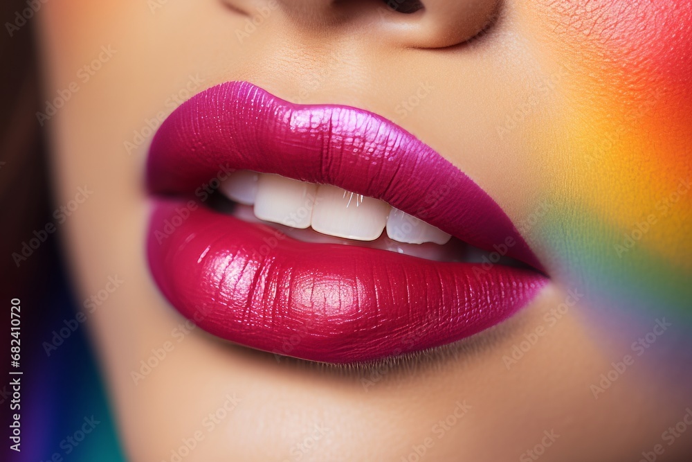 A Vibrant LGBTQI+ Expression: Woman's Lips Adorned with a Colourful Rainbow LGBTQI+ Design. A woman's lips with a rainbow painted on her face A Vibrant LGBTQI+ Expression: Woman's Lips Adorned with a Colourful Rainbow LGBTQI+ Design. A woman's lips with a rainbow painted on her face