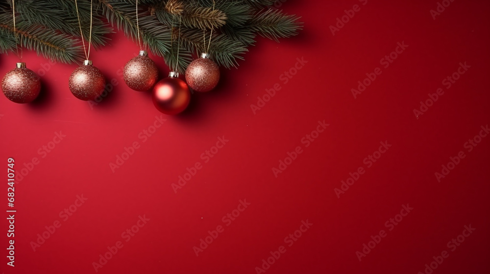 Christmas composition. Christmas red decorations, fir tree branches on red background. Flat lay, top view, copy space Christmas composition. Christmas red decorations, fir tree branches on red background. Flat lay, top view, copy space