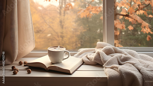A cup of aromatic tea on the window with a book in the cold season