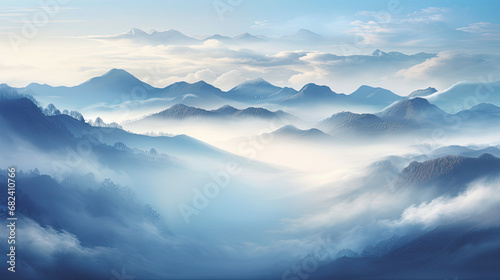 clouds over the mountains landscape panorama mist misty view - by generative ai