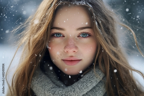 Charming young woman enjoying wonderful winter weather outdoors Generative AI