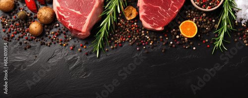 Raw fresh beef steak with seasonings ready to prepare. Black stone background. Free space for text. Banner photography. Top view. photo