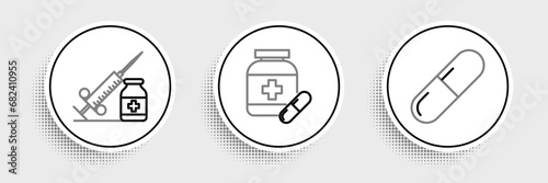 Set line Medicine pill or tablet, Medical syringe with needle and vial ampoule and bottle pills icon. Vector