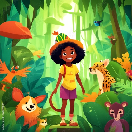 A little girl in a forest with animals