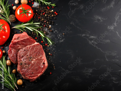 Raw fresh beef steak with seasonings ready to prepare. Black stone background. Free space for text. Banner photography. Top view.