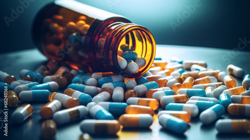 Prescription opioids. Bottle with many pills on the table. Addiction and purchase of medications.