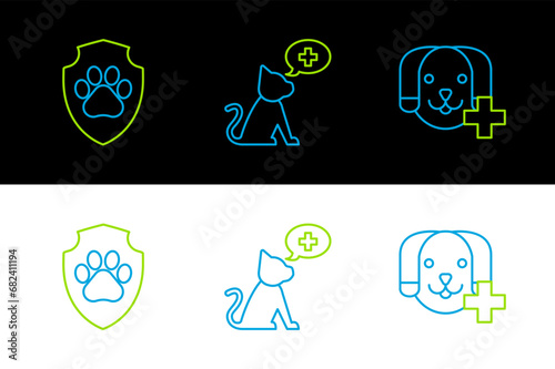 Set line Veterinary clinic symbol, Animal health insurance and icon. Vector