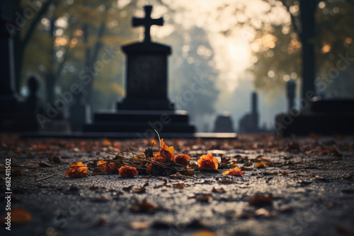 Withered flowers on the ground against the backdrop of a blurred cemetery