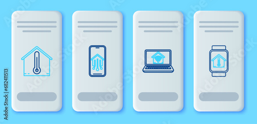 Set line Mobile phone with smart home, Laptop wi-fi, House temperature and Smart watch house icon. Vector