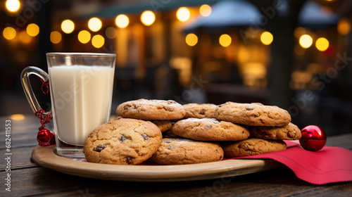 Cookies and cup with hot chocolate on empty wooden table on a Christmas bokeh background.