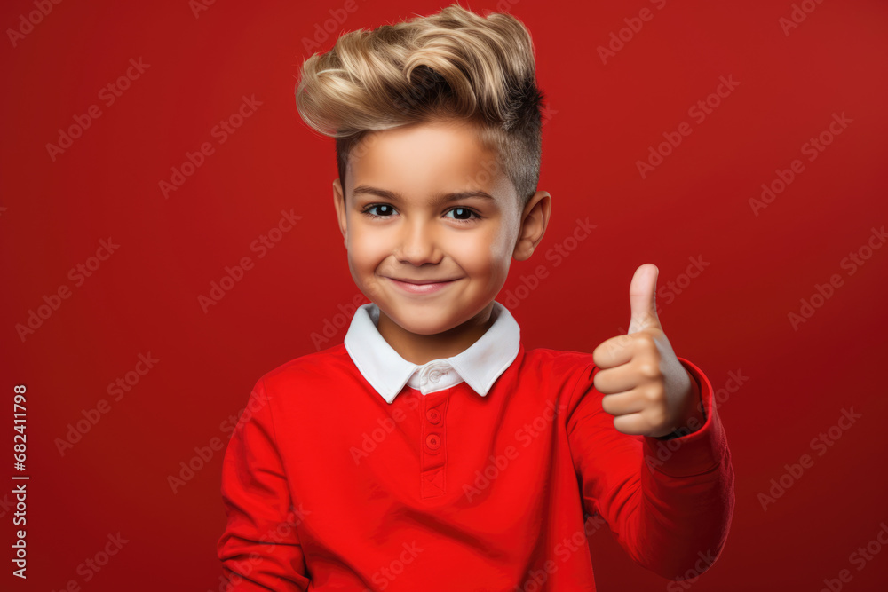 Happy boy showing thumbs up gesture on a red background Happy boy showing thumbs up gesture on a red background