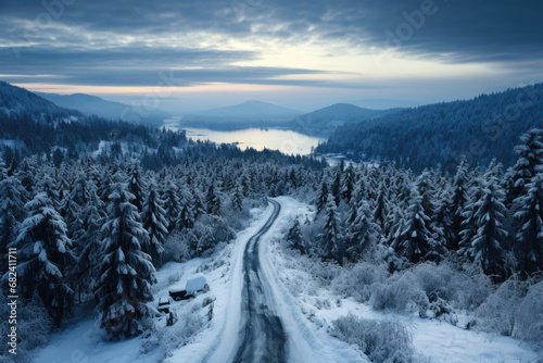Forest winter road, aerial view
