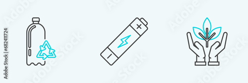 Set line Plant in hand of environmental protection, Recycling plastic bottle and Battery icon. Vector