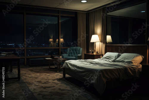 Interior of a cozy hotel room with a large window © Michael