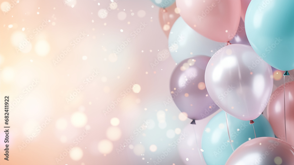 Pastel colored balloons on light bokeh background, Group of pastel party balloons on soft background, generative ai