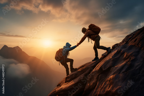 hiker in the mountains, giving his hand to help friend reach top of the mountain, teamwork and friendship