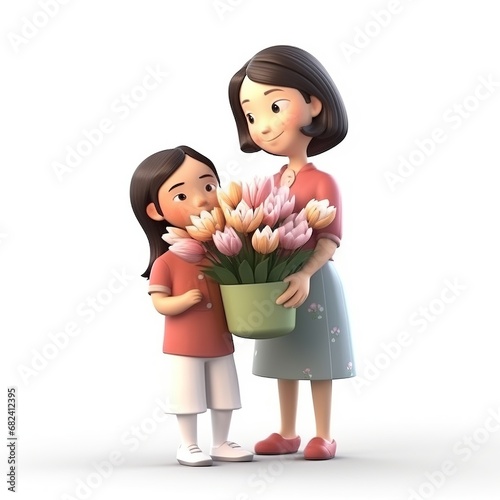 a little cute girl gives her mother a bouquet of tulips