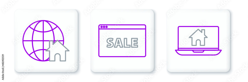 Set line Laptop and smart home, Globe with house symbol and Hanging sign text Online Sale icon. Vector Set line Laptop and smart home, Globe with house symbol and Hanging sign text Online Sale icon. Vector