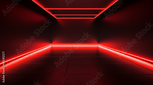 Bright red neon laser lights illuminate the darkness creating lines and triangle shapes in sci-fi effect. photo