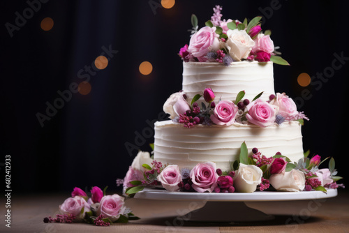 Delicate multi-level wedding cake decorated with flowers
