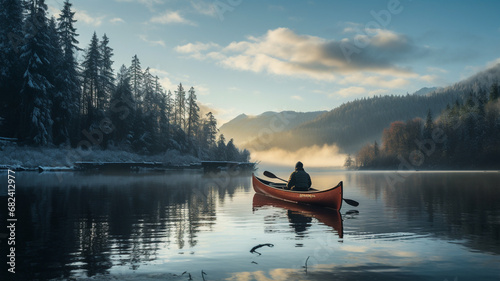 Frozen Tranquility: Male Traveler Canoeing in a Winter Coat, Embracing the Peaceful Beauty of a Snowy Lake. © HADAPI