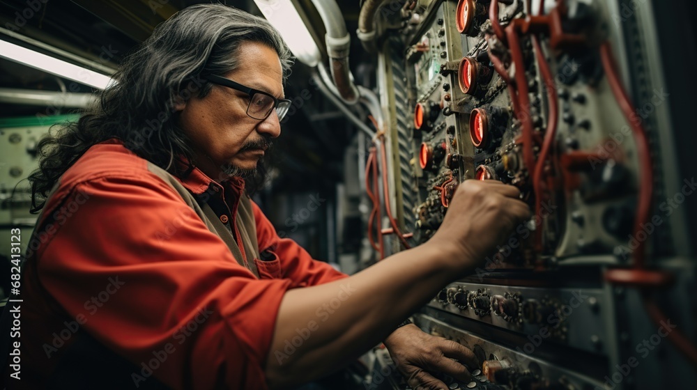 Close-up photo of a Native American Indigenous engineer inspecting intricate machinery, in professional worker and engineer setting.