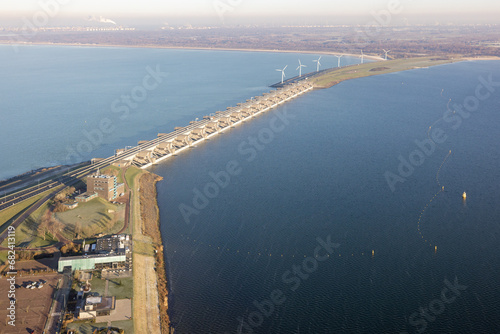 Aerial view Dutch Haringvliet dam with motorway in wintertime © Kruwt