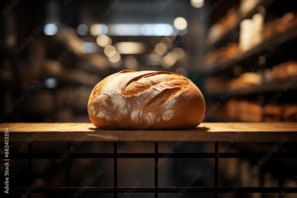 A single loaf of bread placed against a backdrop of barren shelves in a dimly lit grocery store