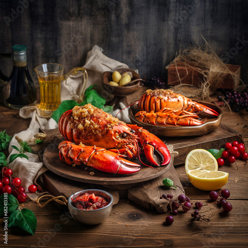 Exquisite lobster served on a tray, dressed with brown sauce