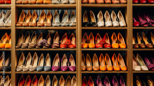 Background with shoes on shelves of shop photo