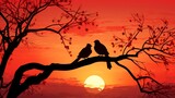 Lovebirds perched on a tree branch, silhouetted against a romantic sunset.