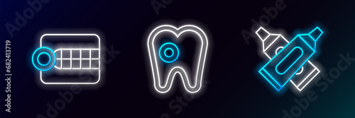 Set line Crossed tube of toothpaste, Dentures model and Tooth with caries icon. Glowing neon. Vector
