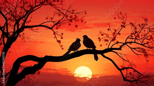Lovebirds perched on a tree branch, silhouetted against a romantic sunset. © MuhammadShamroz
