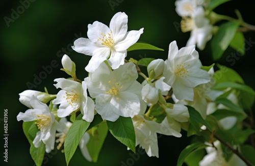 Philadelphia jasmine flowers. White blooming botanical floral fragrant plant. Generate ai