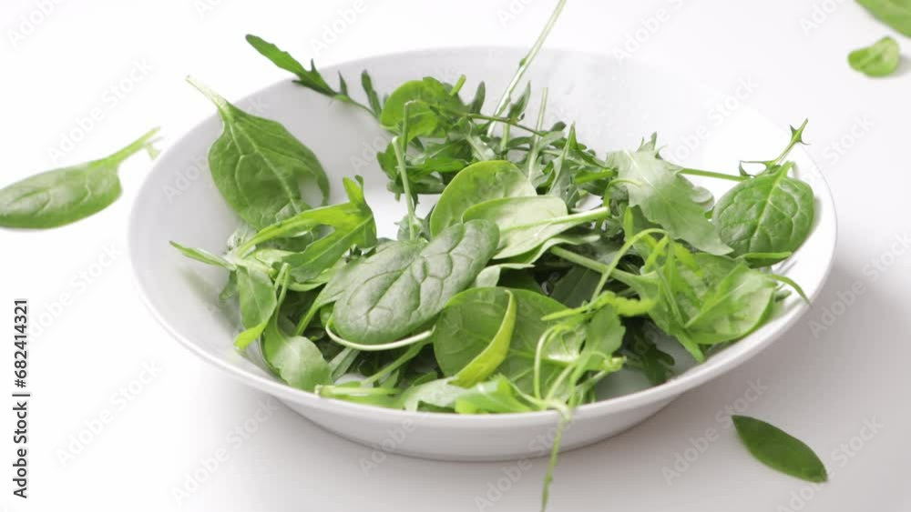 spinach and arugula leaves for salad falling on white surface cooking food spinach and arugula leaves for salad falling on white surface cooking food