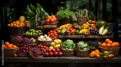 big choice of fresh fruits and vegetables on market counter photo