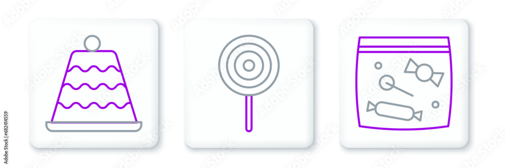 Set line Candy packaging for sweets, Cake and Lollipop icon. Vector