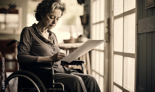 Mature Woman in Wheelchair Worried Reading Letter