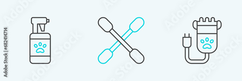 Set line Hair clipper pet, Pet shampoo and Cotton swab for ears icon. Vector