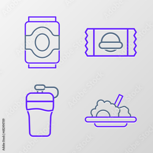 Set line Healthy food, Fitness shaker, Sports nutrition and Soda can icon. Vector