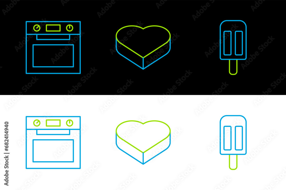 Set line Ice cream, Oven and Candy in heart shaped box icon. Vector Set line Ice cream, Oven and Candy in heart shaped box icon. Vector