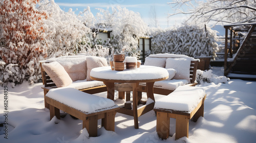 Patio garden furniture, wooden table and chairs covered with snow in winter, UK