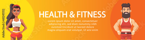 Health and fitness banner design. Flat composition with athlete man and woman Advertisement concept for a sports store or web blog. Vector illustration.