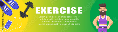 Health and fitness banner design. Flat composition with athlete man, Advertisement concept for a sports store or web blog. Vector illustration.