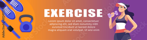 Health and fitness banner design. Flat composition with athlete woman, Advertisement concept for a sports store or web blog. Vector illustration.