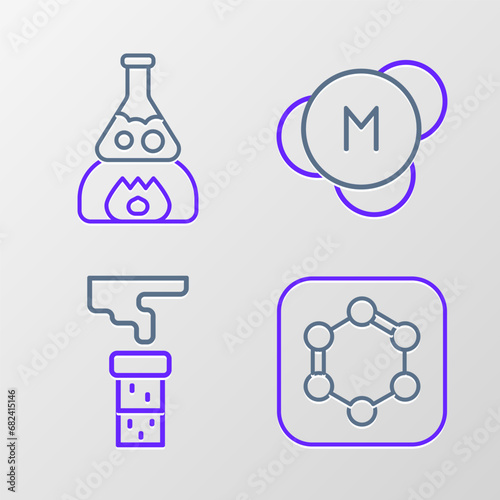 Set line Formula of benzene rings  Test tube and flask  Molecule and on fire icon. Vector