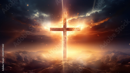 Foto Christian cross appears bright in the sky background