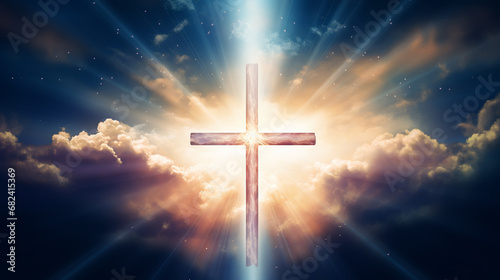 Christian cross appears bright in the sky background