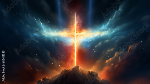 Christian cross appears bright in the sky background photo